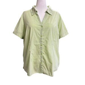 Basic Editions Plaid Short Sleeve Button Up V Neck Casual Spring Sz 2X Green